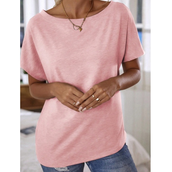Boat Neck Batwing Sleeve Light Pink Tee Shirt Short Sleeve - Picture 6 of 8